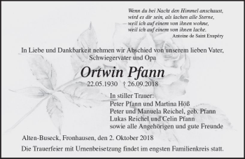 Traueranzeige von Ortwin Pfann von  Gießener Anzeiger