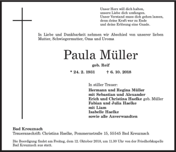 Traueranzeige von Paula Müller von vrm-trauer
