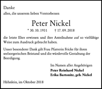 Traueranzeige von Peter Nickel von vrm-trauer