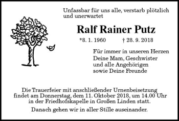 Traueranzeige von Ralf Rainer Putz von  Gießener Anzeiger