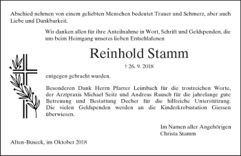 Traueranzeige von Reinhold Stamm von  Gießener Anzeiger