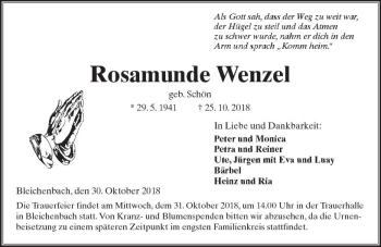 Traueranzeige von Rosamunde Wenzel von  Kreisanzeiger