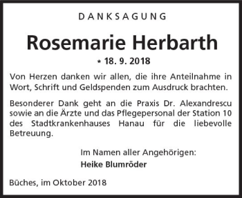 Traueranzeige von Rosemarie Herbarth von  Kreisanzeiger