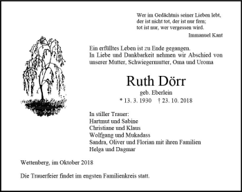 Traueranzeige von Ruth Dörr von  Gießener Anzeiger