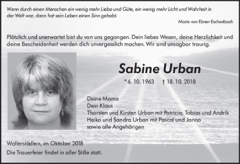 Traueranzeige von Sabine Urban von vrm-trauer