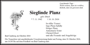 Traueranzeige von Sieglinde Planz von  Camberger Anzeiger