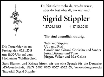 Traueranzeige von Sigrid Stippler von vrm-trauer