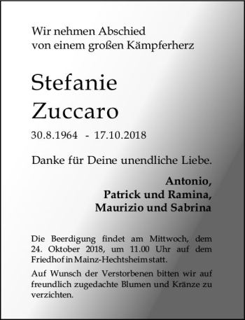 Traueranzeige von Stefanie Zuccaro von vrm-trauer