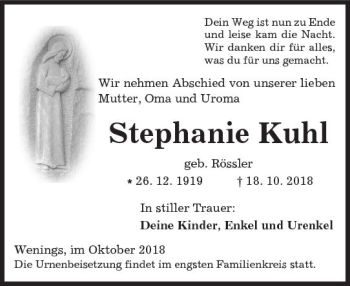 Traueranzeige von Stephanie Kuhl von  Kreisanzeiger