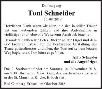 Traueranzeige von Toni Schneider von  Camberger Anzeiger