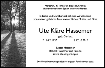 Traueranzeige von Ute Kläre Hassemer von vrm-trauer