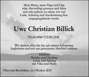 Traueranzeige von Uwe Christian Billick von vrm-trauer