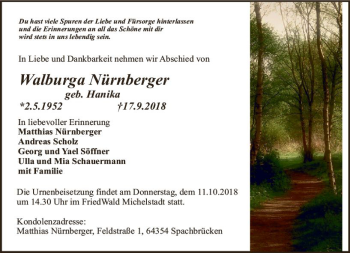 Traueranzeige von Walburga Nürnberger von vrm-trauer