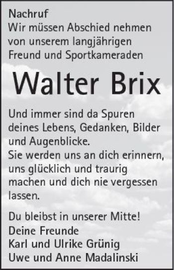 Traueranzeige von Walter Brix von  Kreisanzeiger