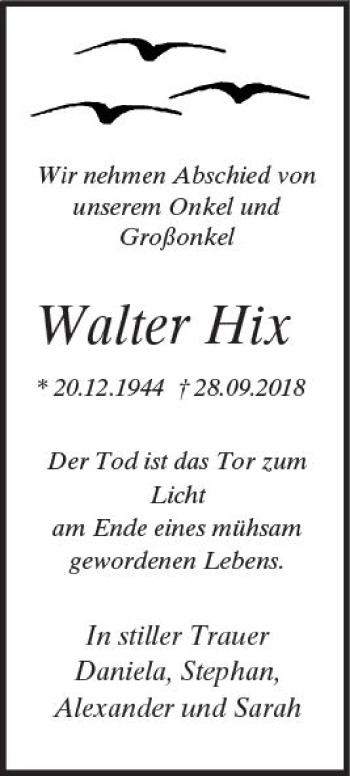 Traueranzeige von Walter Hix von  Kreisanzeiger