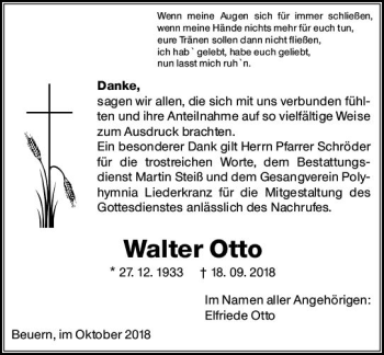 Traueranzeige von Walter Otto von  Gießener Anzeiger