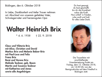 Traueranzeige von Walter Heinrich Brix von  Kreisanzeiger