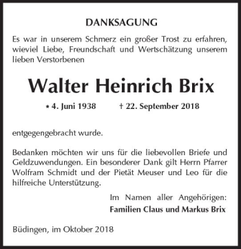 Traueranzeige von Walter Heinrich Brix von  Kreisanzeiger