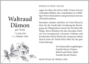 Traueranzeige von Waltraud Dämon von  Usinger Anzeiger