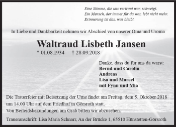 Traueranzeige von Waltraud Lisbeth Jansen von vrm-trauer