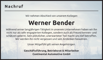 Traueranzeige von Werner Bender von vrm-trauer