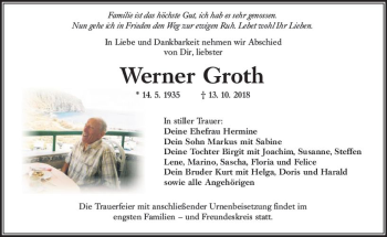 Traueranzeige von Werner Groth von  Kreisanzeiger
