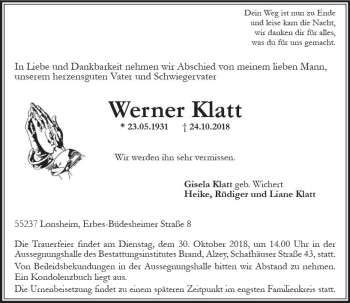 Traueranzeige von Werner Klatt von vrm-trauer