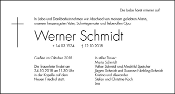 Traueranzeige von Werner Schmidt von  Gießener Anzeiger