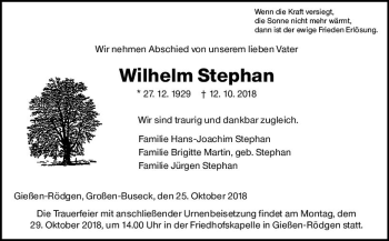 Traueranzeige von Wilhelm Stephan von  Gießener Anzeiger