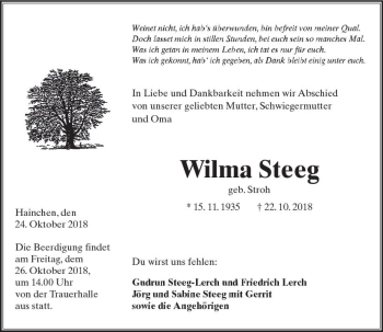 Traueranzeige von Wilma Steeg von  Kreisanzeiger