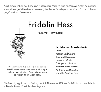 Traueranzeige von Fridolin Hess von VRM Tageszeitungen