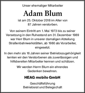 Traueranzeige von Adam Blum von vrm-trauer