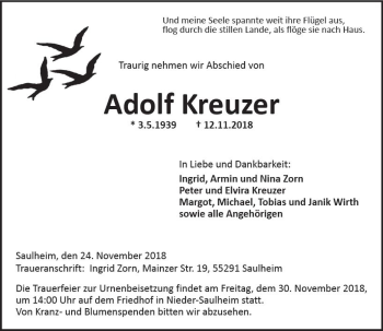 Traueranzeige von Adolf Kreuzer von vrm-trauer