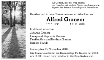 Traueranzeige von Alfred Granzer von  Gießener Anzeiger