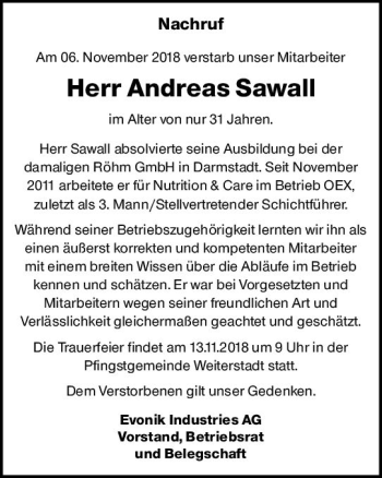 Traueranzeige von Andreas Sawall von vrm-trauer