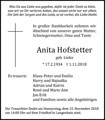 Traueranzeige von Anita Hofstetter von vrm-trauer
