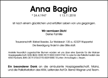 Traueranzeige von Anna Bagiro von vrm-trauer