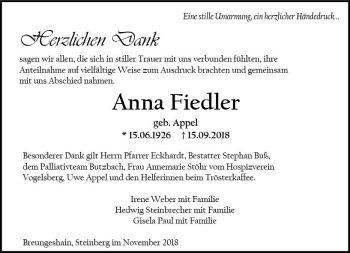 Traueranzeige von Anna Fiedler von  Kreisanzeiger