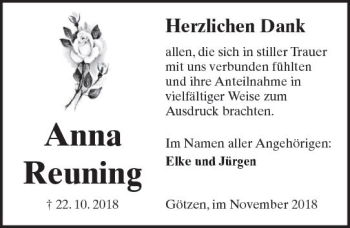 Traueranzeige von Anna Reuning von  Kreisanzeiger