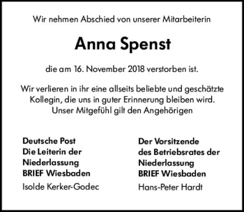 Traueranzeige von Anna Spenst von vrm-trauer