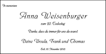 Traueranzeige von Anna Weisenburger von vrm-trauer