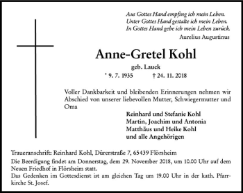 Traueranzeige von Anne-Gretel Kohl von vrm-trauer