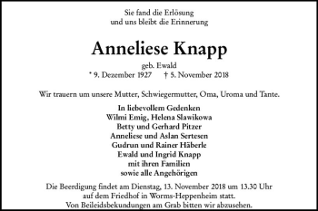 Traueranzeige von Anneliese Knapp von vrm-trauer