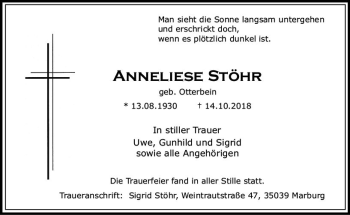 Traueranzeige von Anneliese Stöhr von VRM Trauer