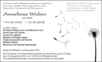 Traueranzeige von Anneliese Weber von  Kreisanzeiger