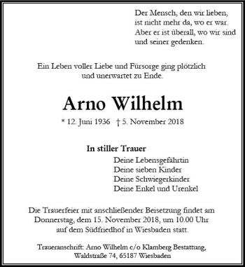 Traueranzeige von Arno Wilhelm von vrm-trauer