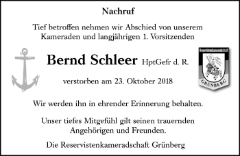 Traueranzeige von Bernd Schleer von  Gießener Anzeiger