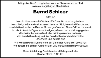 Traueranzeige von Bernd Schleer von  Gießener Anzeiger