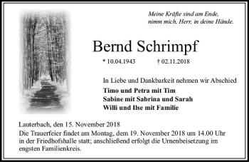 Traueranzeige von Bernd Schrimpf von VRM Trauer