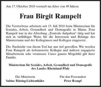 Traueranzeige von Birgit Rampelt von vrm-trauer